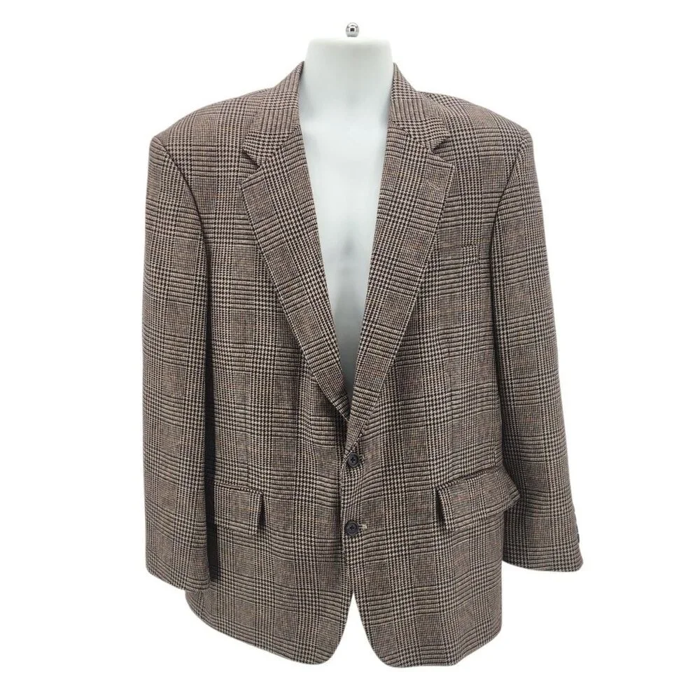 Vintage Robert Stock Mens 42R Blazer Jacket Wool Blend Houndstooth Plaid Tan